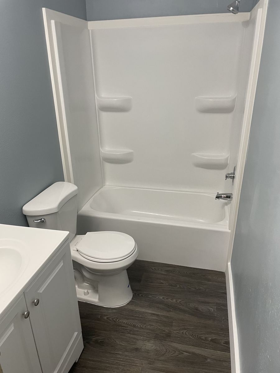 Finished bathroom with new tub and surround, toilet, vanity and wood-look flooring