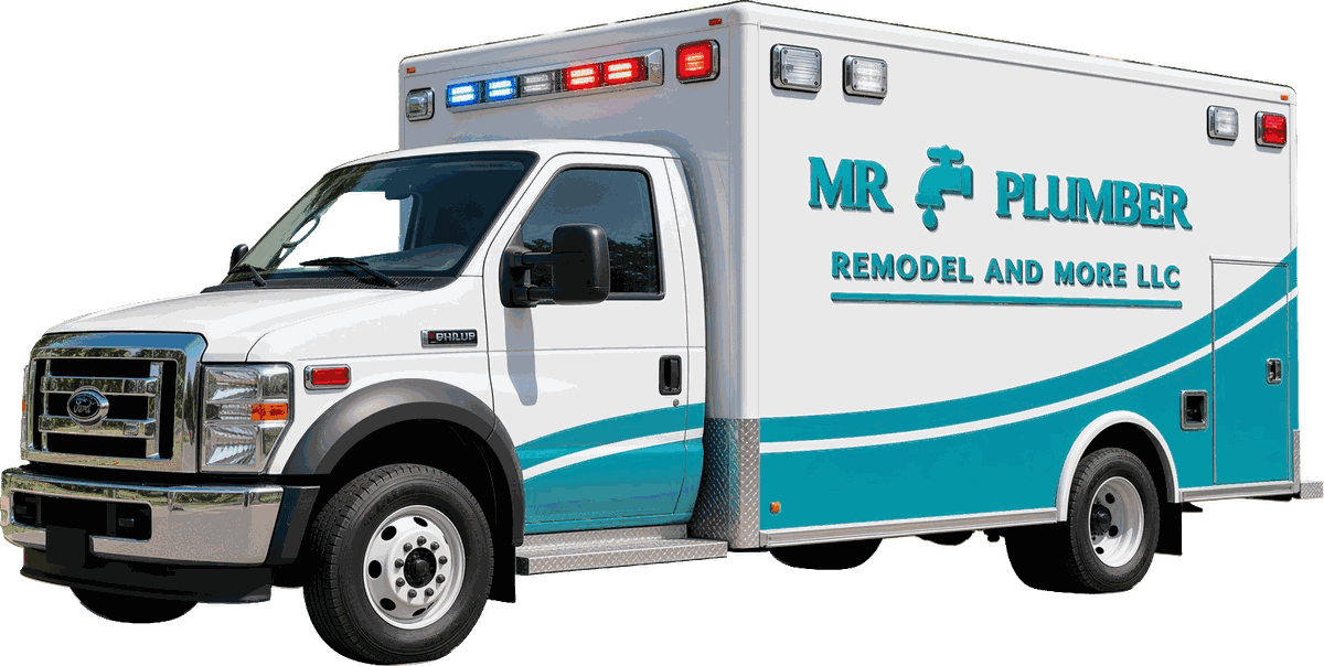 Mr. Plumber Remodel and More service truck, teal and white with the company name on the side